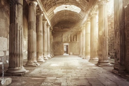 Ancient Greco-Roman hall interior with a circular stone podium surrounded by grand Corinthian columns. Beautiful simple AI generated image in 4K, unique. © ArtSpree