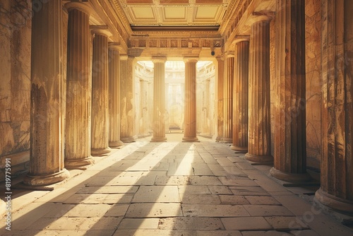 Ancient Greco-Roman hall interior with a circular stone podium surrounded by grand Corinthian columns. Beautiful simple AI generated image in 4K, unique.