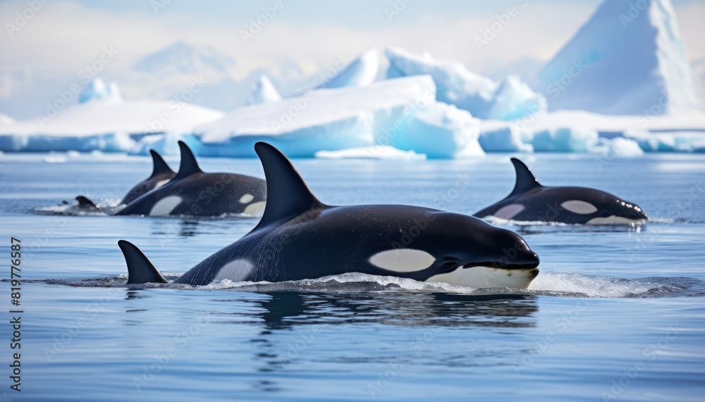 Obraz premium Groups of Orcas or killer whales swim and hunt for prey, the top of the food chain in a sea of ​​ice floes