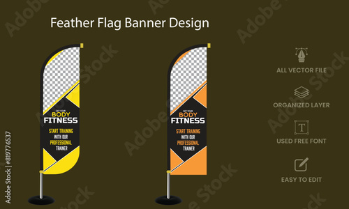 Fitness or Gym center advertising Feather flag design. Fully editable vector template design