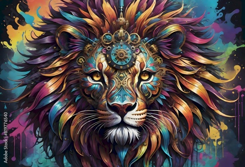 Vibrant  colorful robotic lion portrait with metallic body and mechanical parts and rainbow colored wires  standing in an urban setting with graffiti art on the walls  Generative AI.