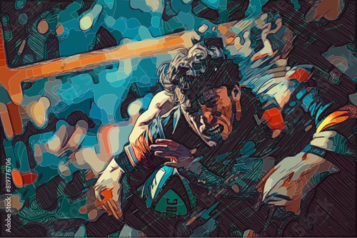 A rugby player holding the ball is violently tackled by an opponent. The intense expression on his face highlights the physicality and impact of the game.