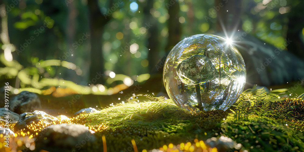 water drops on the tree, Crystal globe resting on moss in a forest. water drops on the tree, Crystal globe resting on moss in a forest.