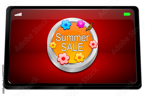 Tablet computer with Summer Sale Button - 3D illustration