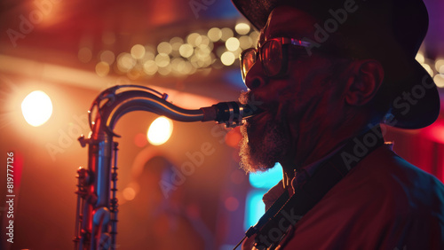 Musician immersed in a soulful saxophone performance during a lively set.