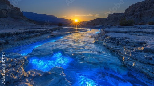 River of glowing blue liquid sunset