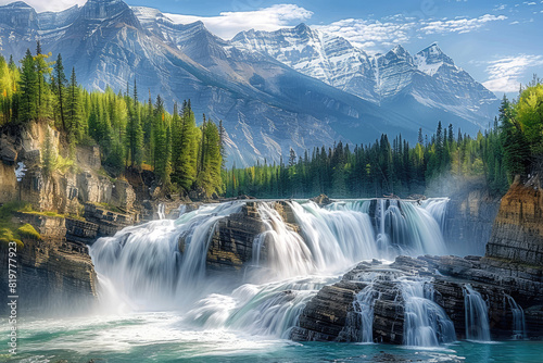 The majestic typical Canadian waterfall in the original photo  beautiful mountain in the background