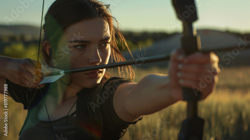 Focused archer aiming with determination at golden hour on open field.