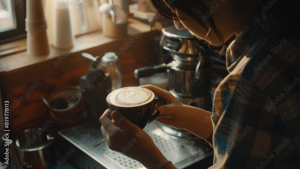 Barista crafts a perfect heart latte art in a cozy coffee shop ambiance.