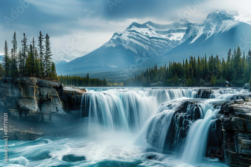 The majestic typical Canadian waterfall in the original photo, beautiful mountain in the background photo