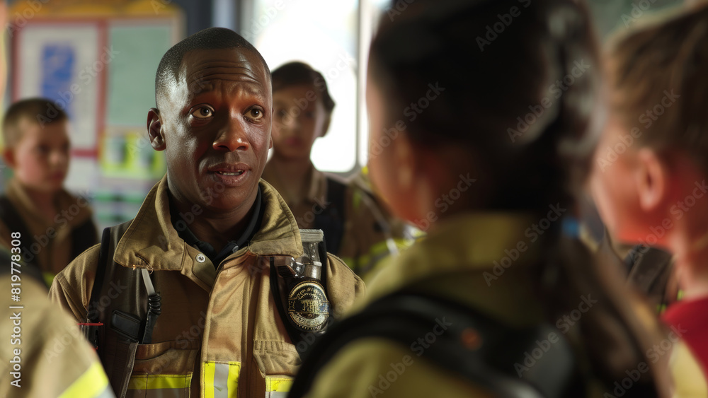 A focused firefighter engaging with students during an educational visit. A focused firefighter engaging with students during an educational visit.