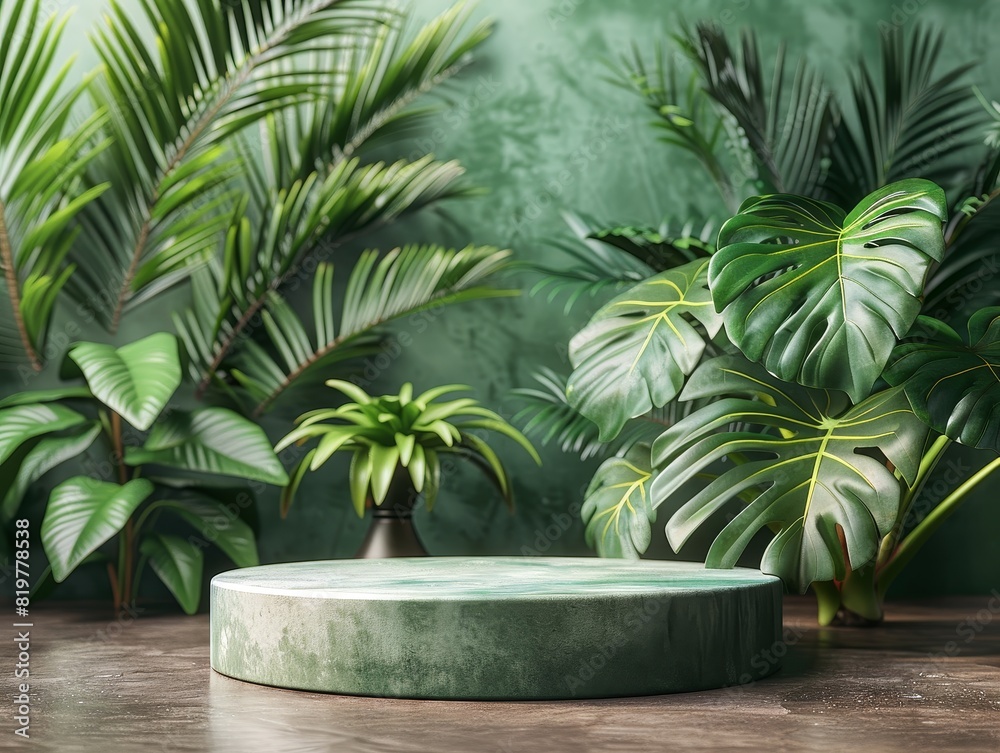 A small, round, concrete structure with a green background and leaves A small, round, concrete structure with a green background and leaves