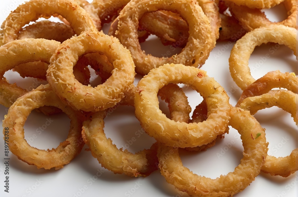 A pile of fried onion rings on a white background.