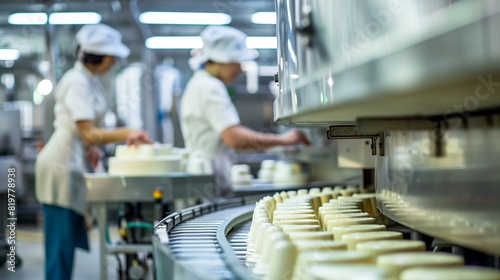 Conveyor line with cheese products. In the background are working workers in white clothes. Cheese production