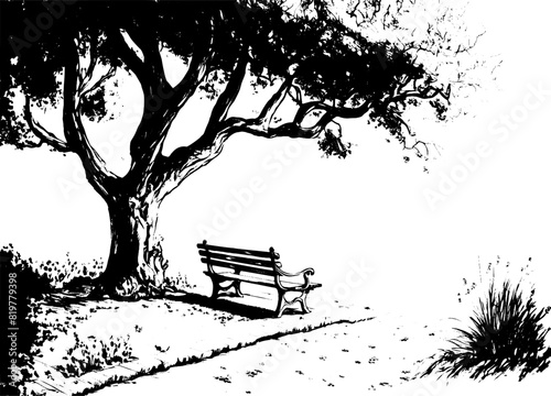 Hand drawn picture of a bench under a large tree on white background