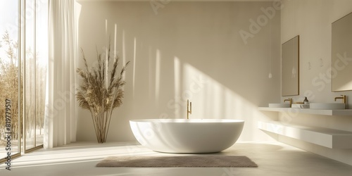 Minimalist bathroom with a standalone bathtub and natural light through large windows