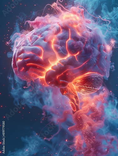 An artistic representation of a human brain emitting pain stimuli. The brain is depicted in a detailed and anatomically accurate 3D model, with neural pathways highlighted photo
