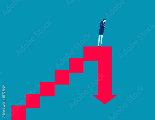 Furstrated business investor climb up stair with arrow down on top