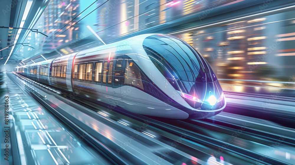 Fototapeta premium Modern train speeding through a futuristic urban landscape with transparent tunnels on white solid background. Generative AI.
