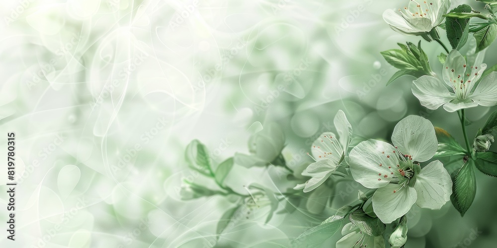 Soft green abstract background with gentle white cherry blossoms and subtle light effects Soft green abstract background with gentle white cherry blossoms and subtle light effects