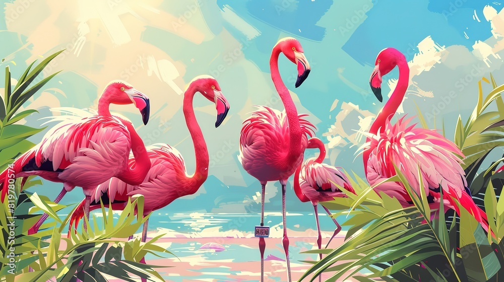 Obraz premium Eyecatching Ballet of graceful flamingos in a serene pinkhued