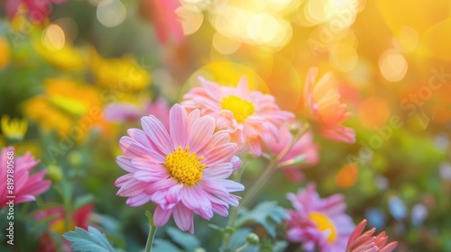 very pretty colorful garden little chrysanthemum flower close up in the sunshine