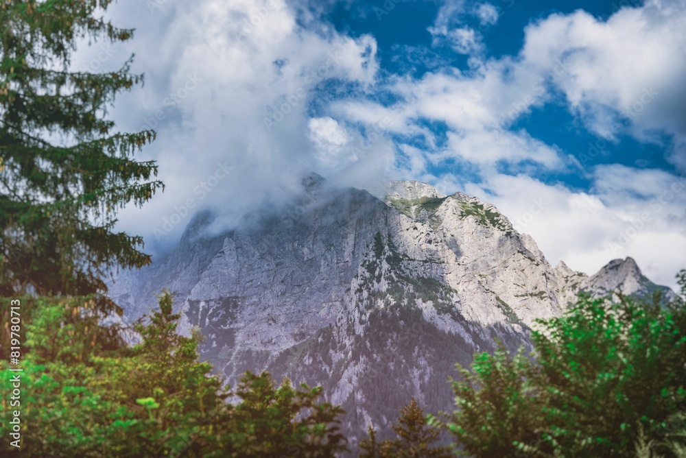 a mountain with clouds is pictured behind the trees on a sunny day a mountain with clouds is pictured behind the trees on a sunny day