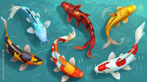 Koi fish swimming in blue water, illustration style, from a top view, orange, yellow red  © Ray