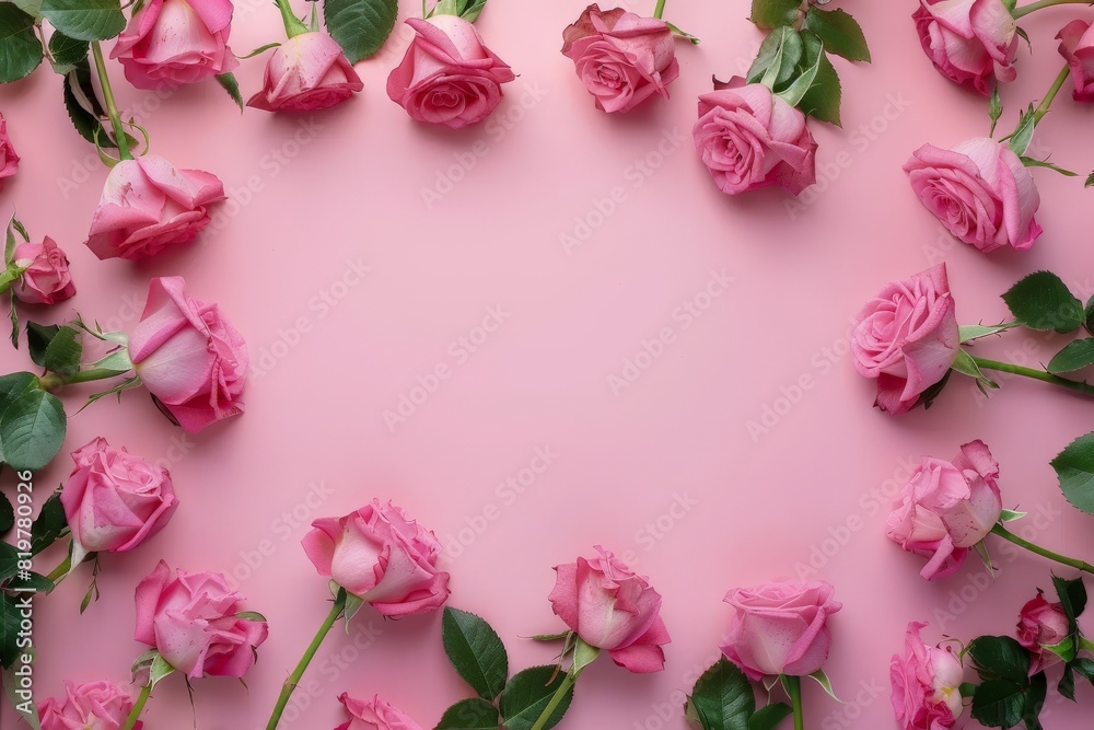 Drawing of a heart-shaped arch made of flowers. Backdrop with selective focus and copy space for the inscription. Beautiful simple AI generated image in 4K, unique.