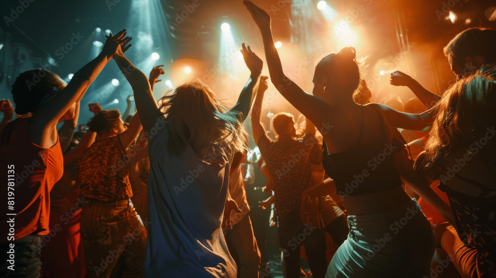 Euphoric crowd dancing in vivid concert lights, immersed in the music.