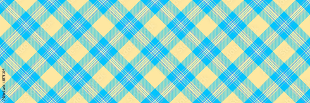 Rug pattern plaid check, royalty textile seamless fabric. Clan vector texture tartan background in yellow and deep sky blue colors.
