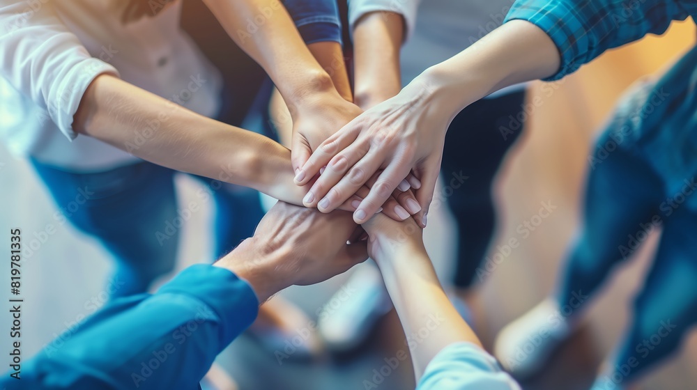 Diverse Group of Hands Stacked Together, Symbolizing Teamwork and Unity Diverse Group of Hands Stacked Together, Symbolizing Teamwork and Unity