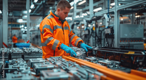A worker in an orange and grey uniform with blue gloves is working on the batteries of electric vehicles at a factory