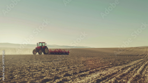 Solitary tractor plowing through vast fields under an expansive desert sky.
