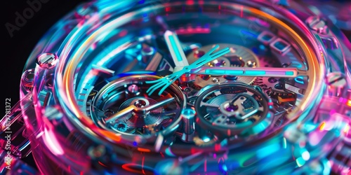 Futuristic, Vibrant Smart Watch with Neon Lighting, Holographic Effects, and Visible Mechanical Movement. High-Resolution Close-Up Showcases Complex Design Details and Immersive Visual Experience.