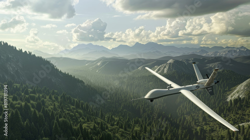 A drone soars over evergreen forests with majestic mountains in the distance.