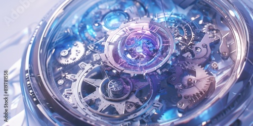 Futuristic, Vibrant Smart Watch with Neon Lighting, Holographic Effects, and Visible Mechanical Movement. High-Resolution Close-Up Showcases Complex Design Details and Immersive Visual Experience.