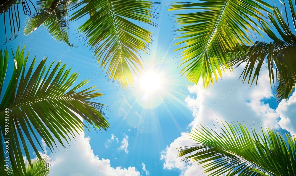 Bright Sun Shining Through Palm Tree Leaves Against a Clear Blue Sky
