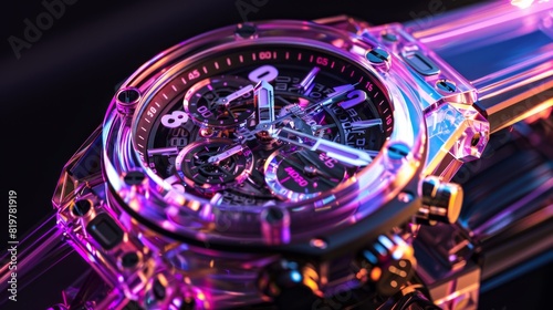 Futuristic, Vibrant Smart Watch with Neon Lighting, Holographic Effects, and Visible Mechanical Movement. High-Resolution Close-Up Showcases Complex Design Details and Immersive Visual Experience.