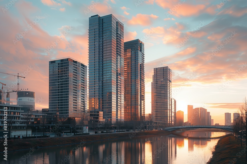 Fototapeta premium City skyline, modern urban landscape. Skyscrapers and buildings by the waterfront, landmark tower. Blue sky, sunset view. Downtown business district, office reflection. Metropolis