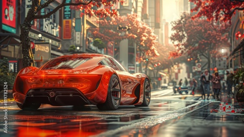 The clean, sleek form of a futuristic car navigates through the city, its unusual design signaling an eco-conscious note.