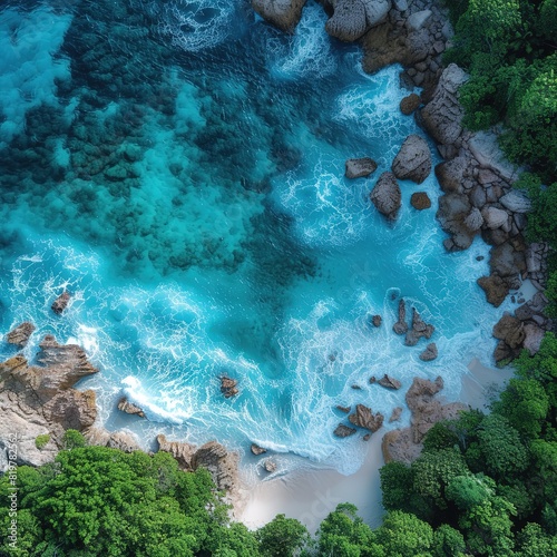 Seychelles Takamaka beach sea waves vacation ocean drone view aerial photo travel Please provide high-resolution photo