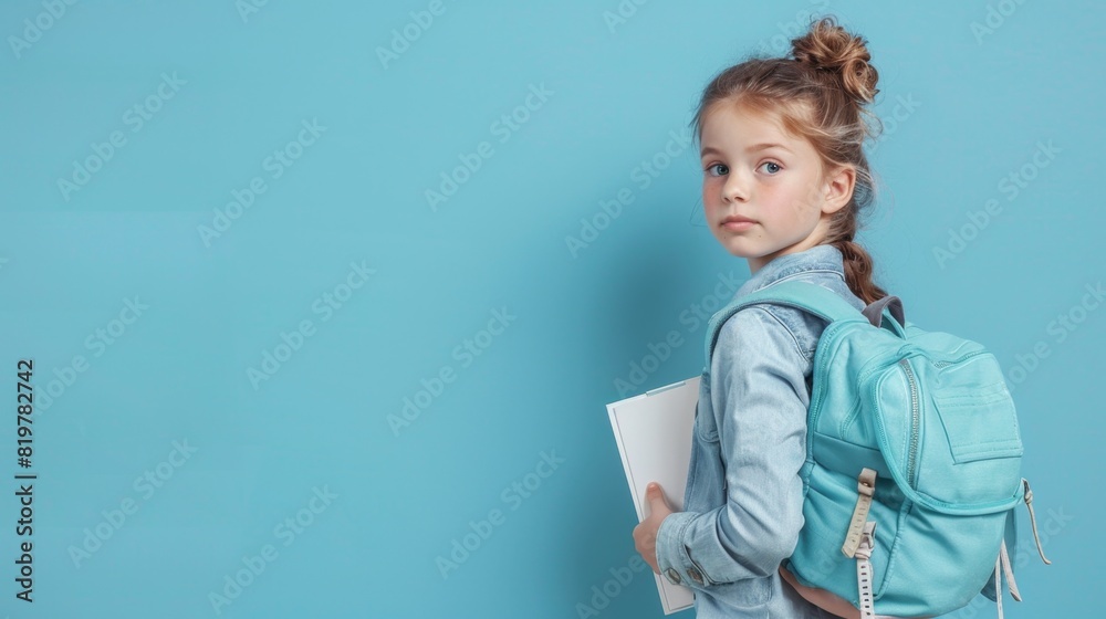 Young Girl Walking Confidently with Backpack and Book Against Calming Pastel Blue Background Young Girl Walking Confidently with Backpack and Book Against Calming Pastel Blue Background