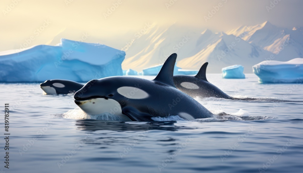 Fototapeta premium Groups of Orcas or killer whales swim and hunt for prey, the top of the food chain in a sea of ​​ice floes