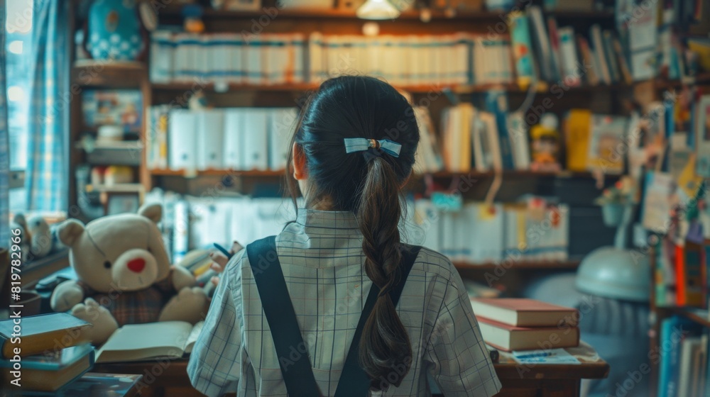 Young Student Engaged in Learning: Academic Scene with Schoolgirl in Uniform Studying in Study Room Surrounded by Books and Plush Toy