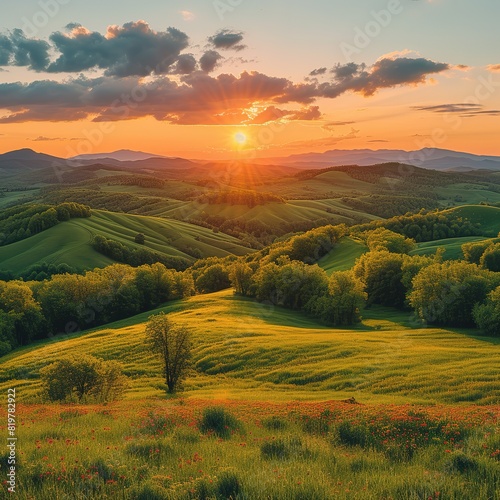 Summer nature scenery at sunset with green forests and meadow and blue sky Panoramic aerial view on hills with orange sun shining above horizon with copy space Please provide high-resolution © create