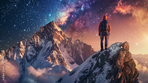 A symbolic picture with a climber on a sharp stone rock with a rope and an ice ax on a fantastic alpine mountain landscape with stars. Landscape with arched milky way. Travel and nature. photo