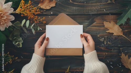 Woman holding envelope with blank greeting card at table, top view, wedding invitation, sale header or voucher template, blank banner
