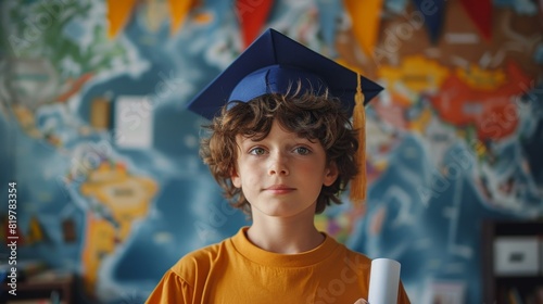 Ambitious Young Student Holding Graduation Diploma in Classroom Setting photo