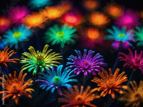 Abstract neon flowers creating a luminous display of vibrant colors against a backdrop of darkness.